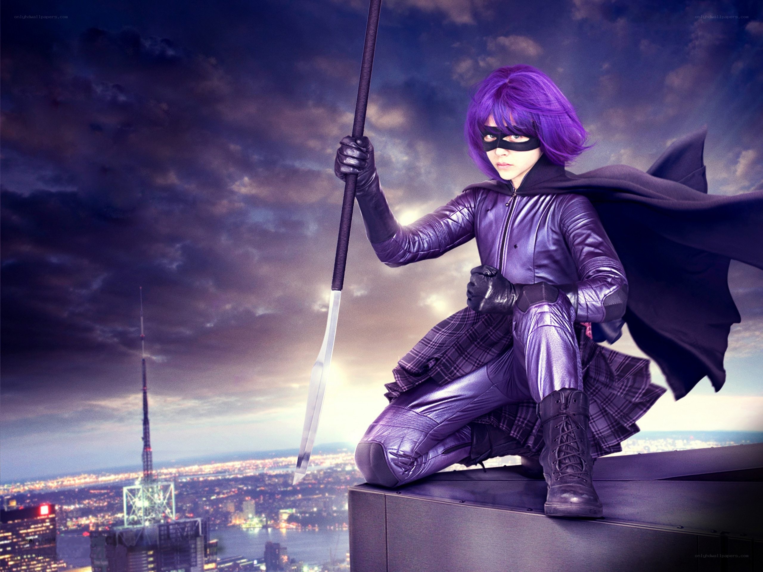 Purple superhero on rooftop