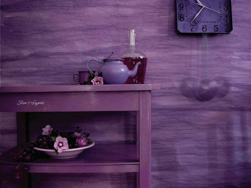 Purple tea set on shelf