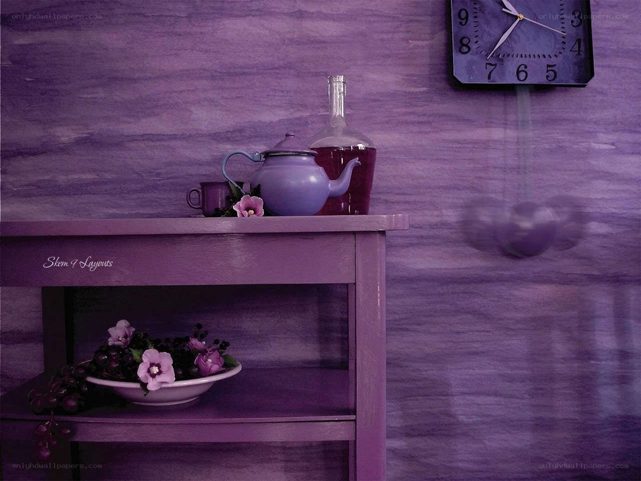 Purple tea set on shelf