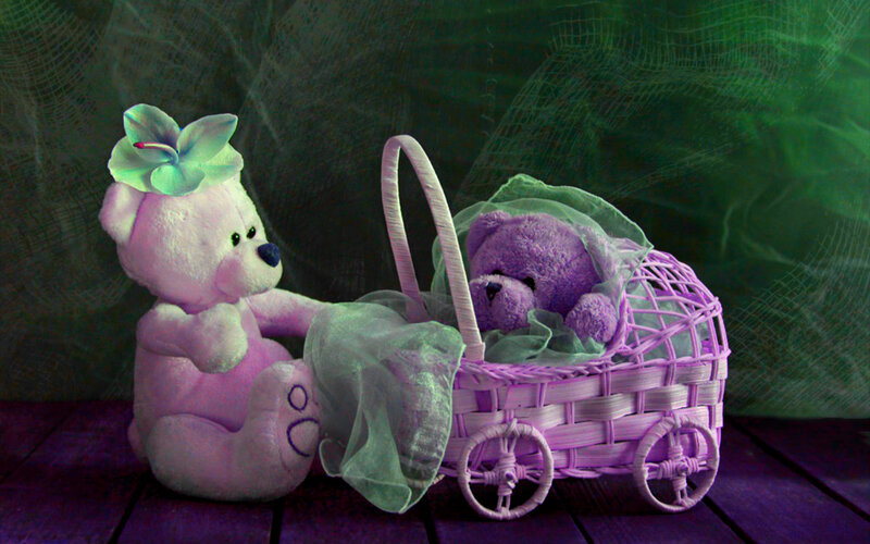 Purple Teddy Bear in Stroller