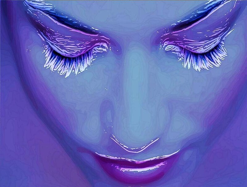 purple-toned face close-up