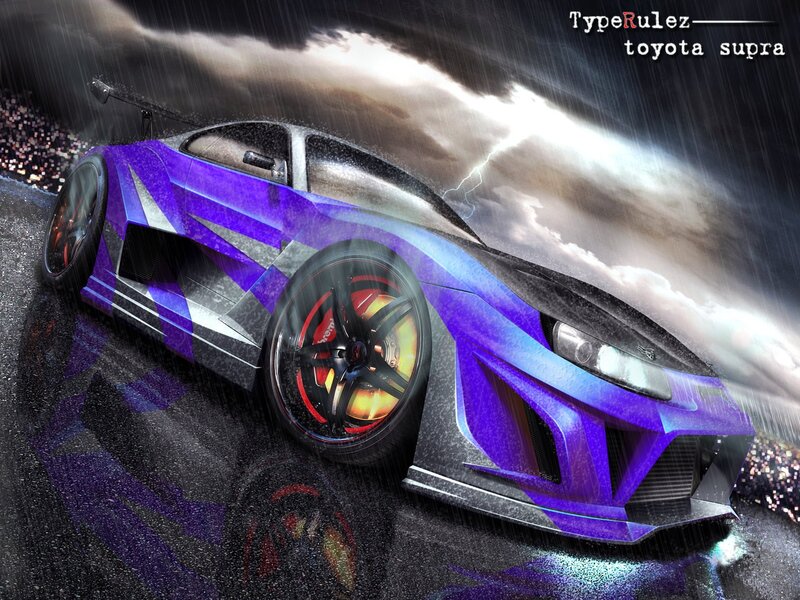 Purple Toyota Supra in rain
