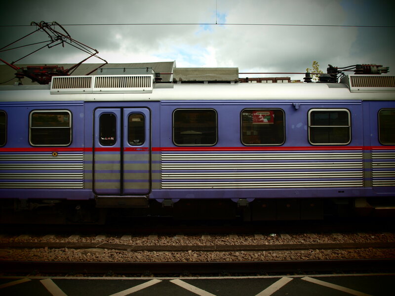 purple train on tracks
