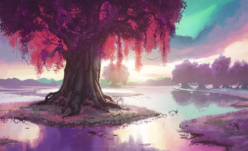 Purple Tree by Lake