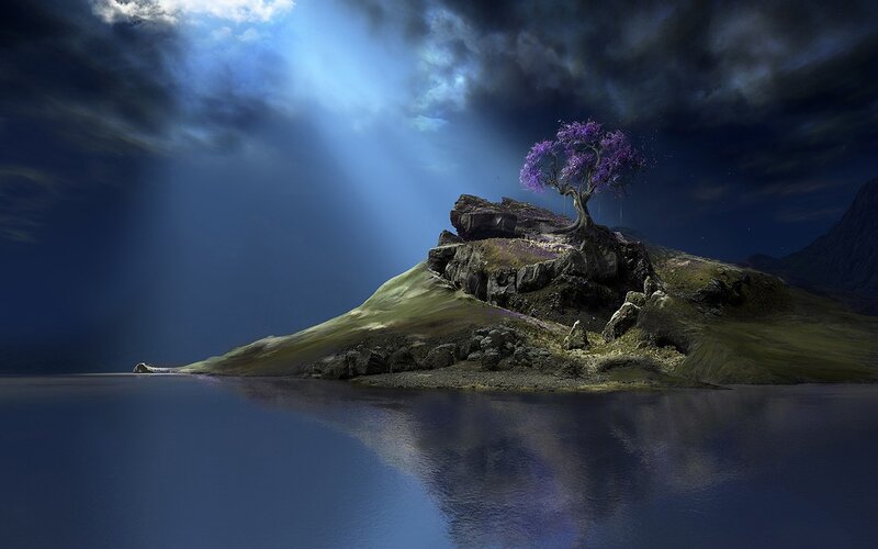 Purple Tree on Island — Blue