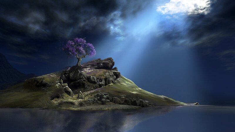 Purple Tree on Rock Island — Blue
