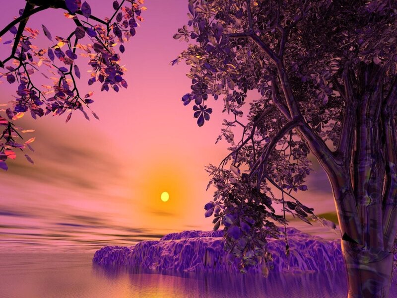 Purple Trees at Sunset — Serene, Digital Art