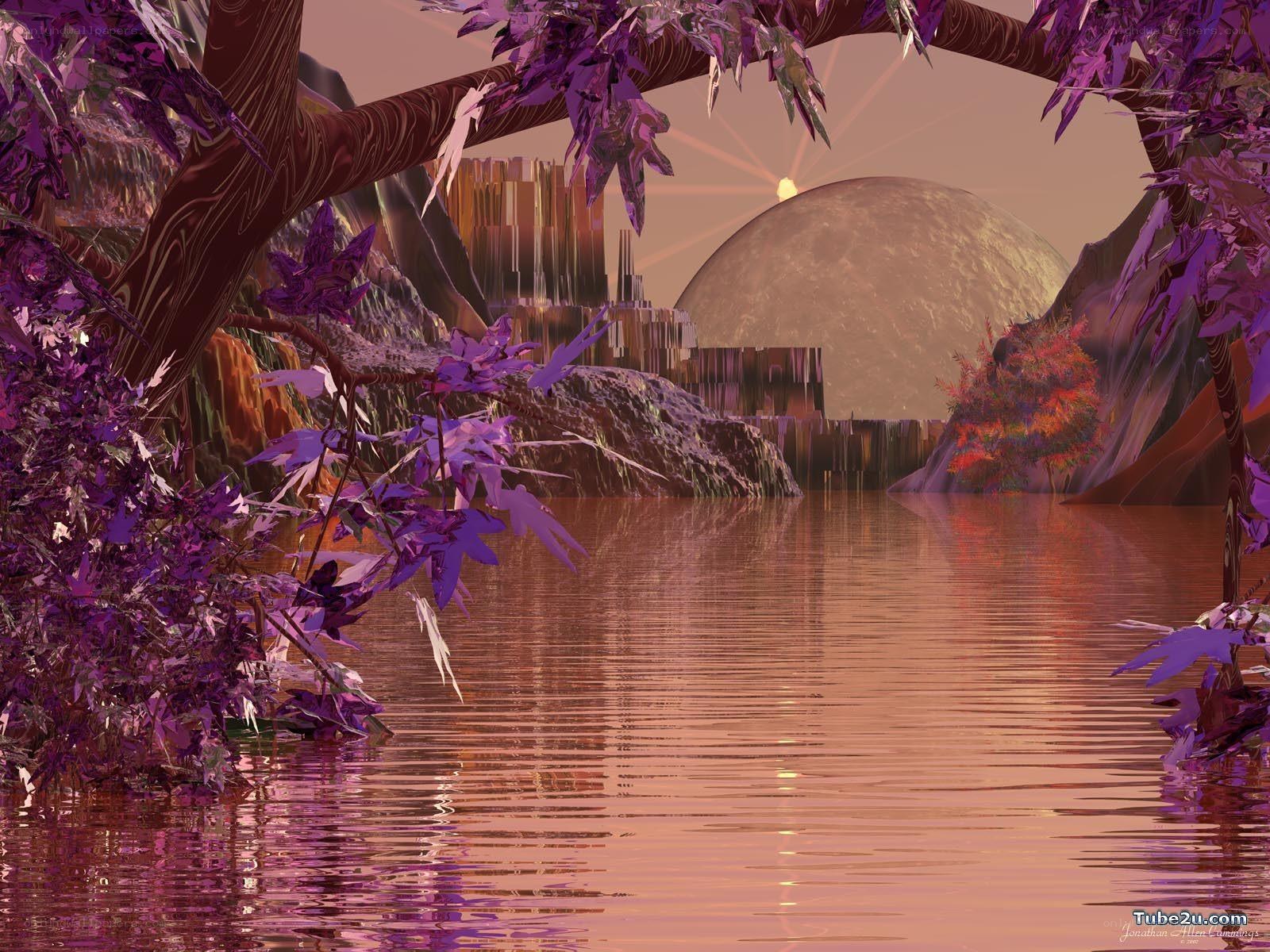 Purple Trees by a Lake