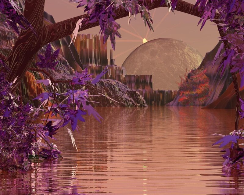 Purple trees by alien lake