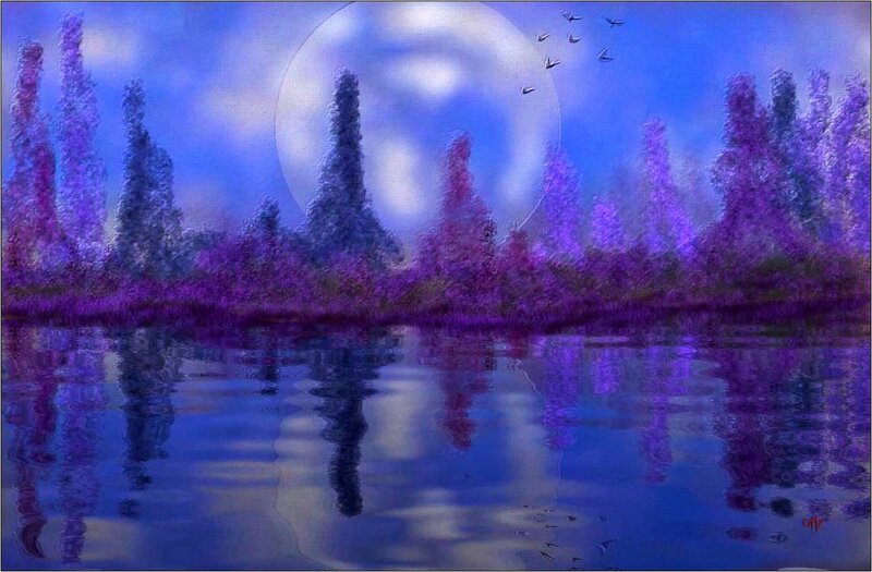 Purple Trees by Lake — Blue, Serene