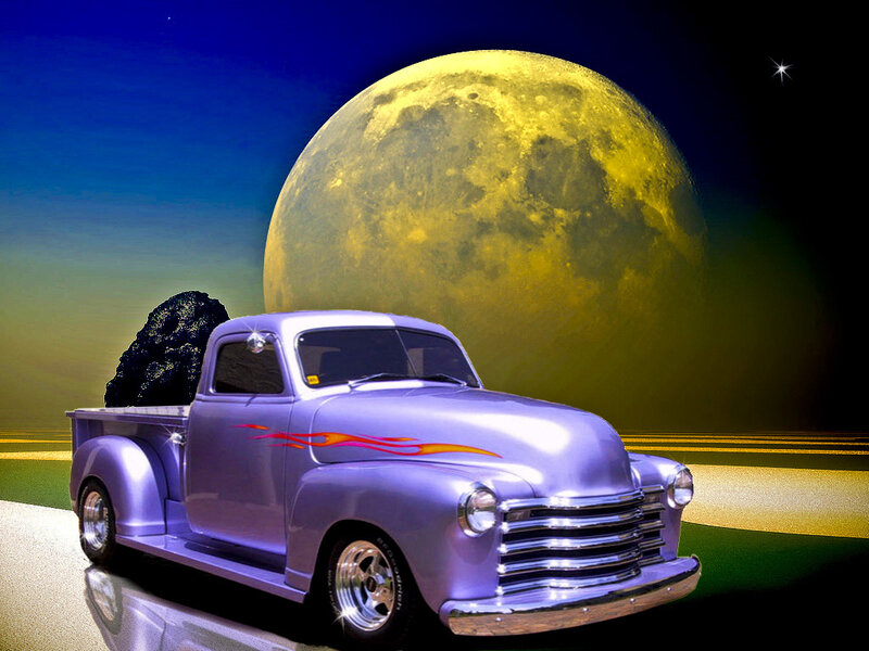 Purple truck under giant moon