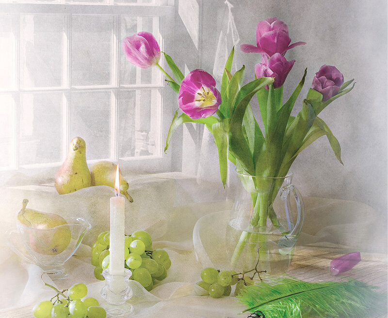 Purple Tulips and Fruit