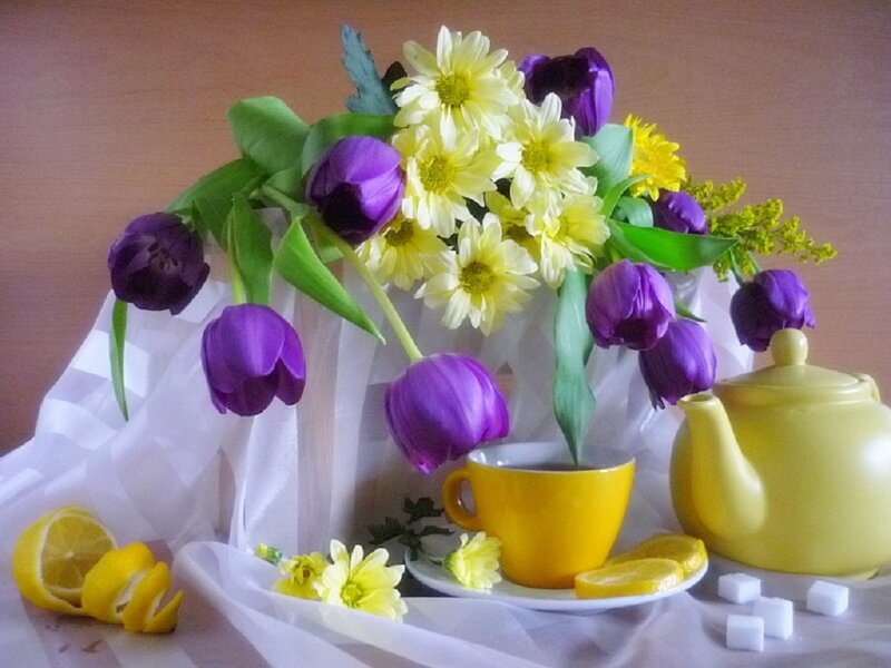 Purple Tulips and Yellow Flowers