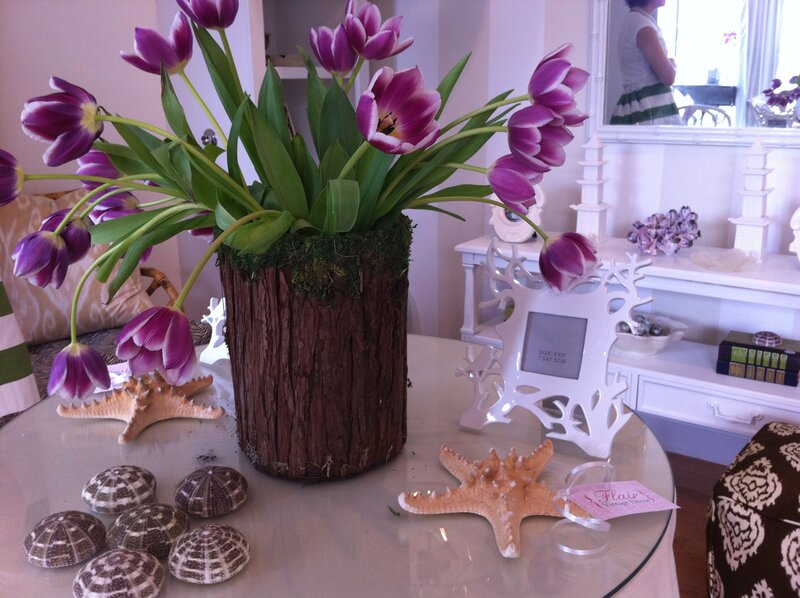 Purple Tulips in Log Vase