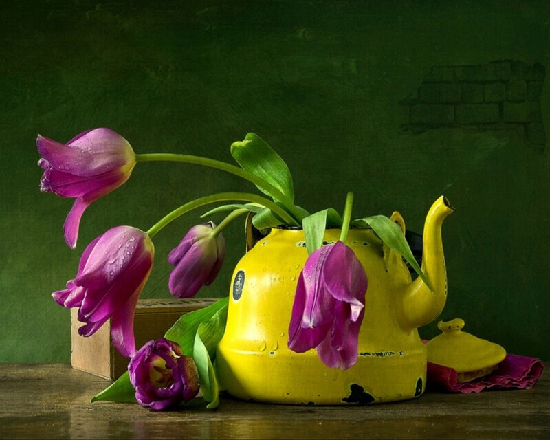 Purple Tulips in Teapot