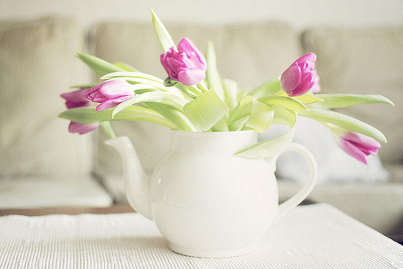 Purple Tulips in Teapot — White