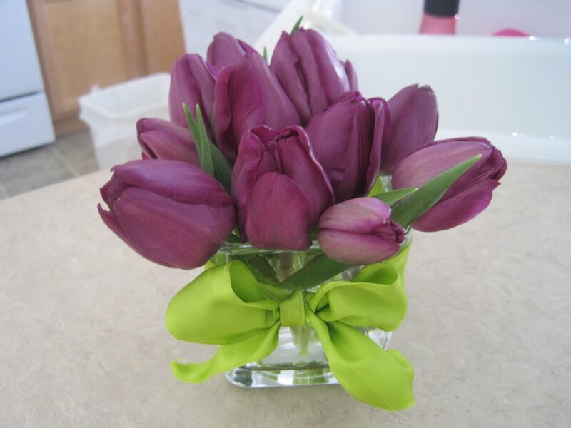Purple Tulips in Vase — Calm, Photograph, Ribbon