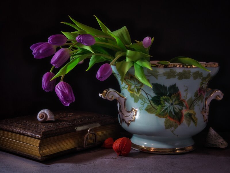 Purple Tulips in Vase — Dramatic, Photograph, Book