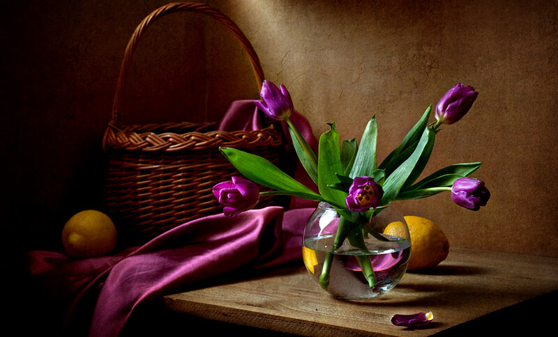 Purple Tulips in Vase — Dramatic, Photograph, Lemons