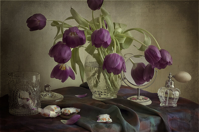 Purple Tulips in Vase — Dramatic, Photograph, Mirror