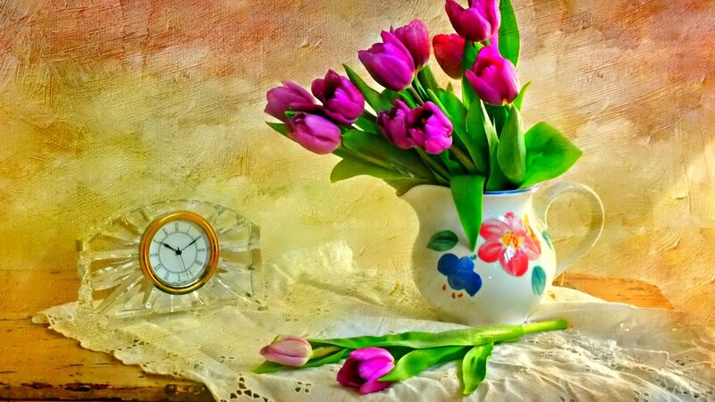 Purple Tulips in Vase — Serene, Morning, Painting