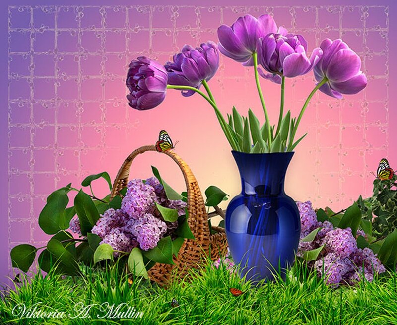 Purple Tulips in Vase — Serene, Spring, Digital Art