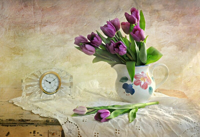 Purple Tulips in Vase — Serene, Spring, Photograph