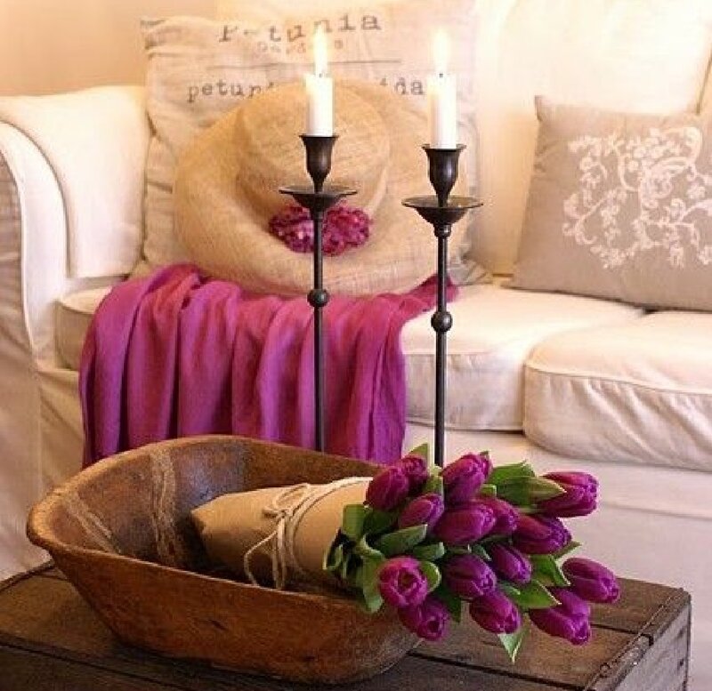 Purple Tulips in Wooden Bowl