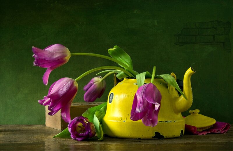 Purple Tulips in Yellow Teapot