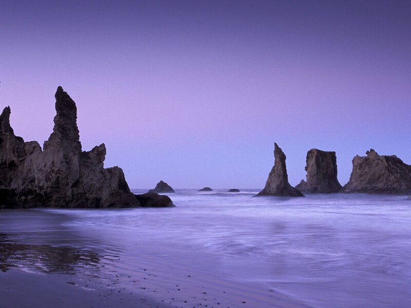 Purple twilight at the rocky coast