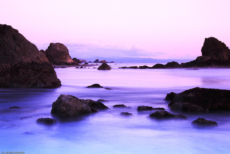 Purple twilight at the rocky shore