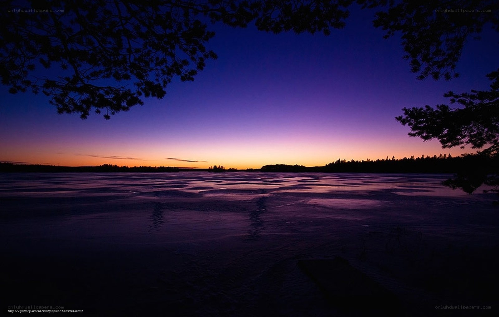 Purple twilight over frozen lake