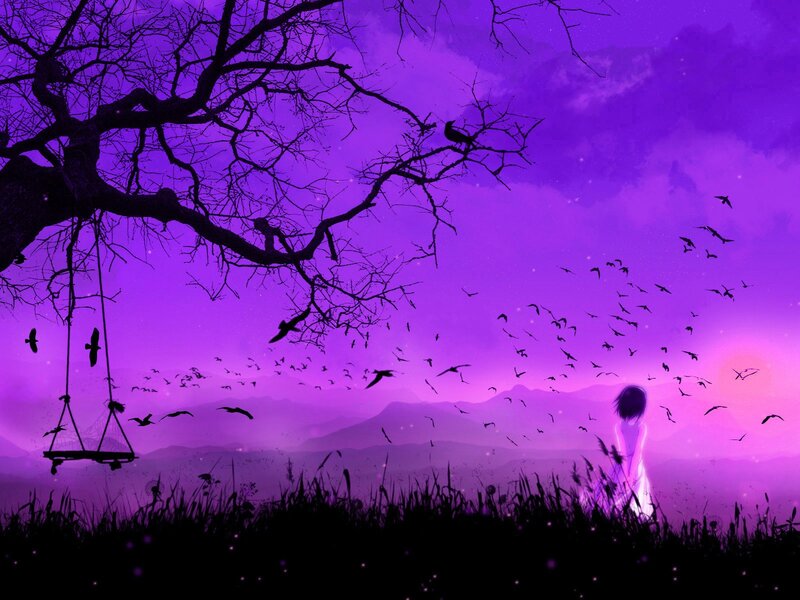 Purple twilight with girl and birds