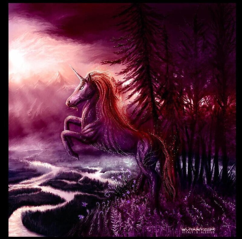 Purple unicorn in mystical forest