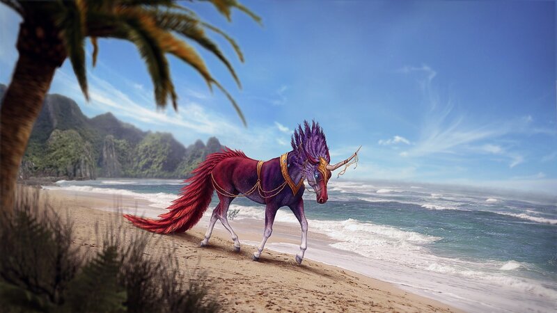 Purple Unicorn on Beach — Serene