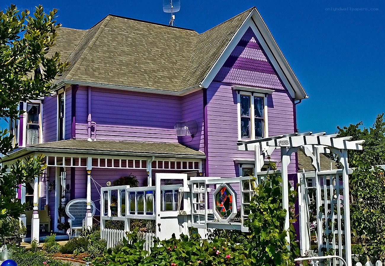 purple victorian house with garden