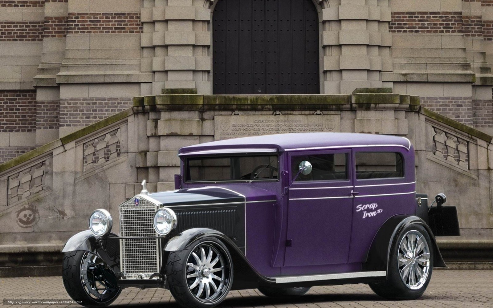 Purple vintage car on steps