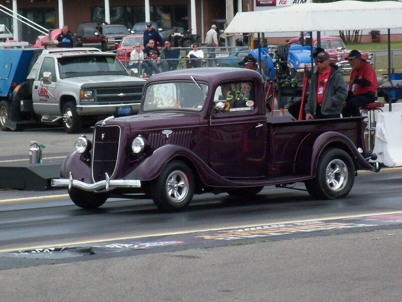 Purple vintage truck on drag strip