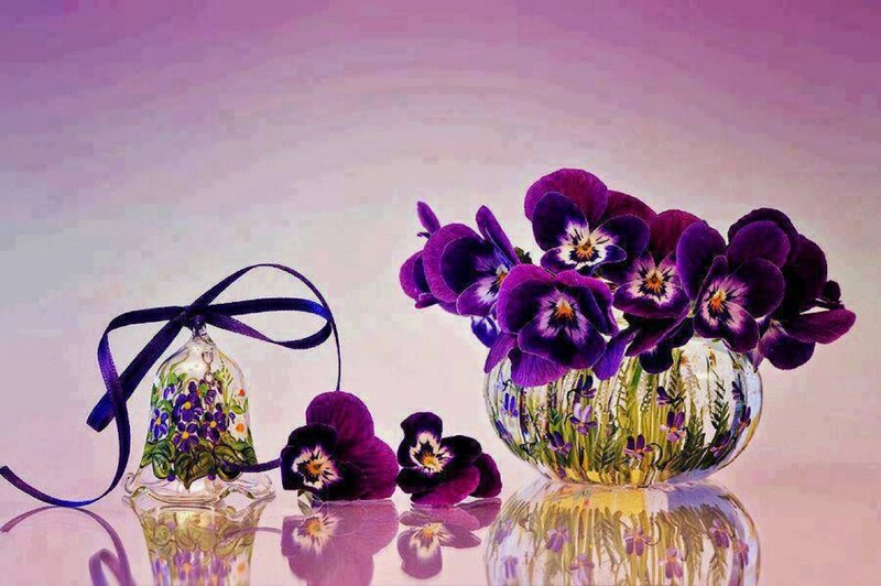 Purple Violets in Vase — Serene, Photograph, Glass Bell