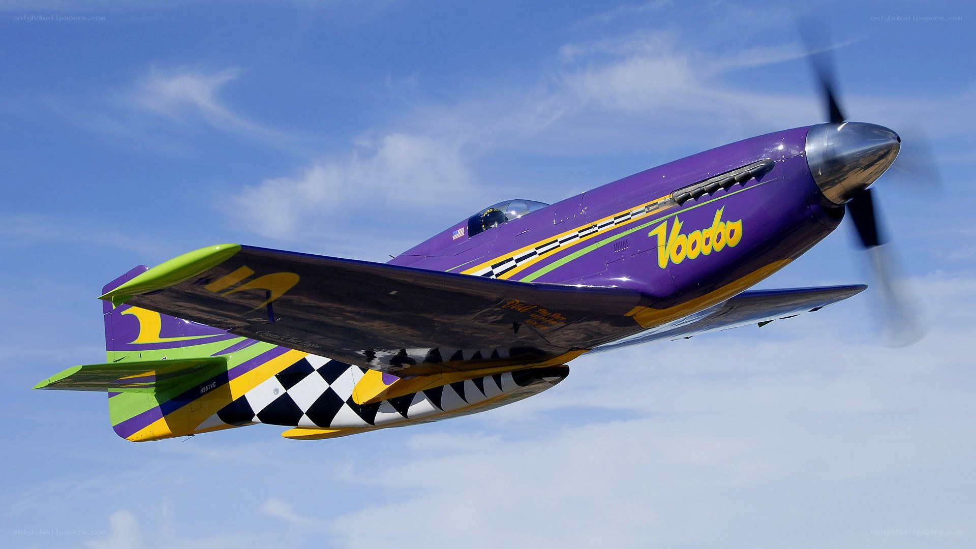 Purple Voodoo fighter plane in flight