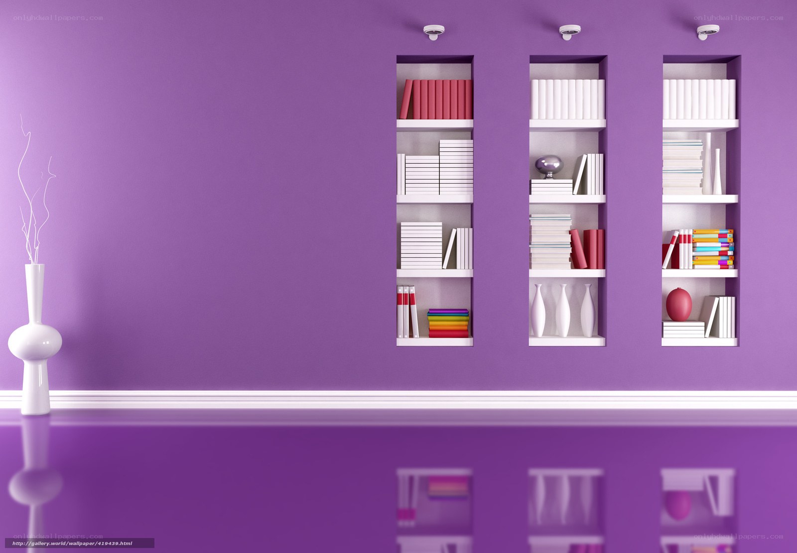 Purple wall with bookshelves