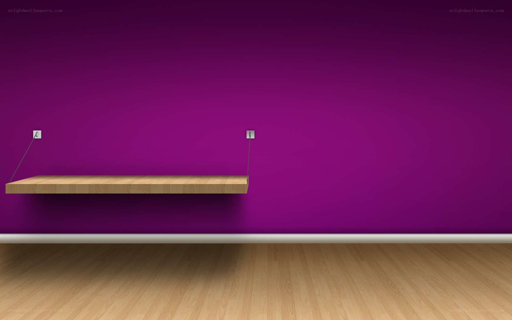 purple wall with wooden shelf