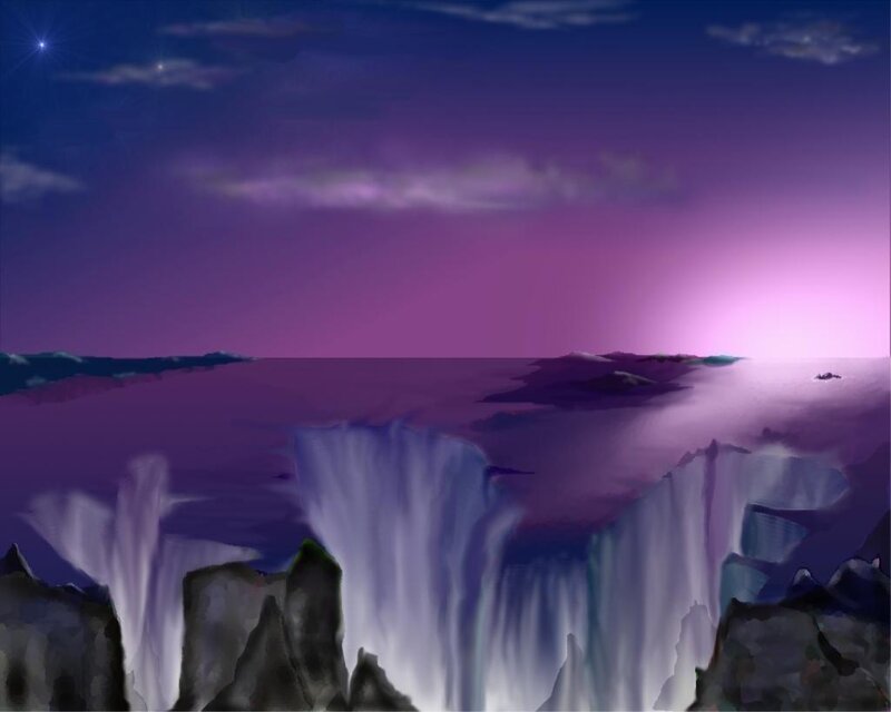 purple waterfall at night