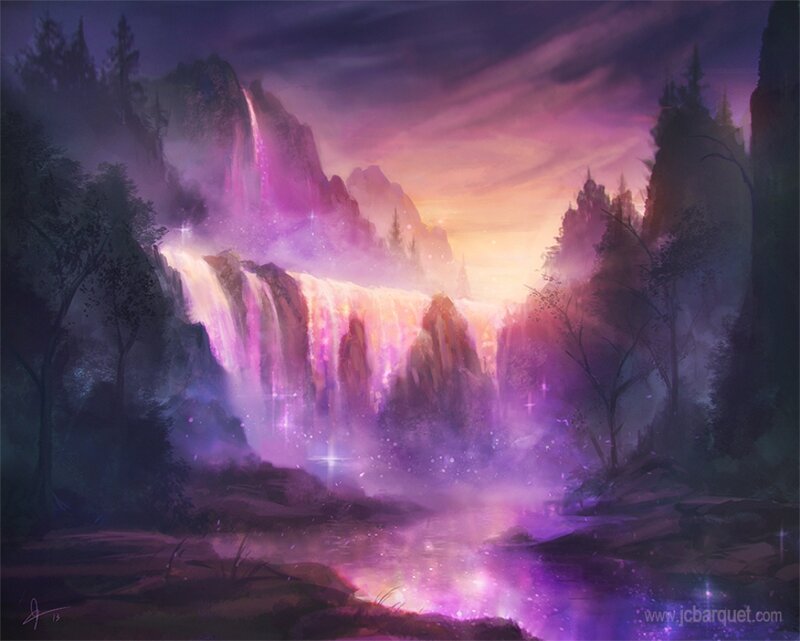 Purple Waterfall Landscape — Serene