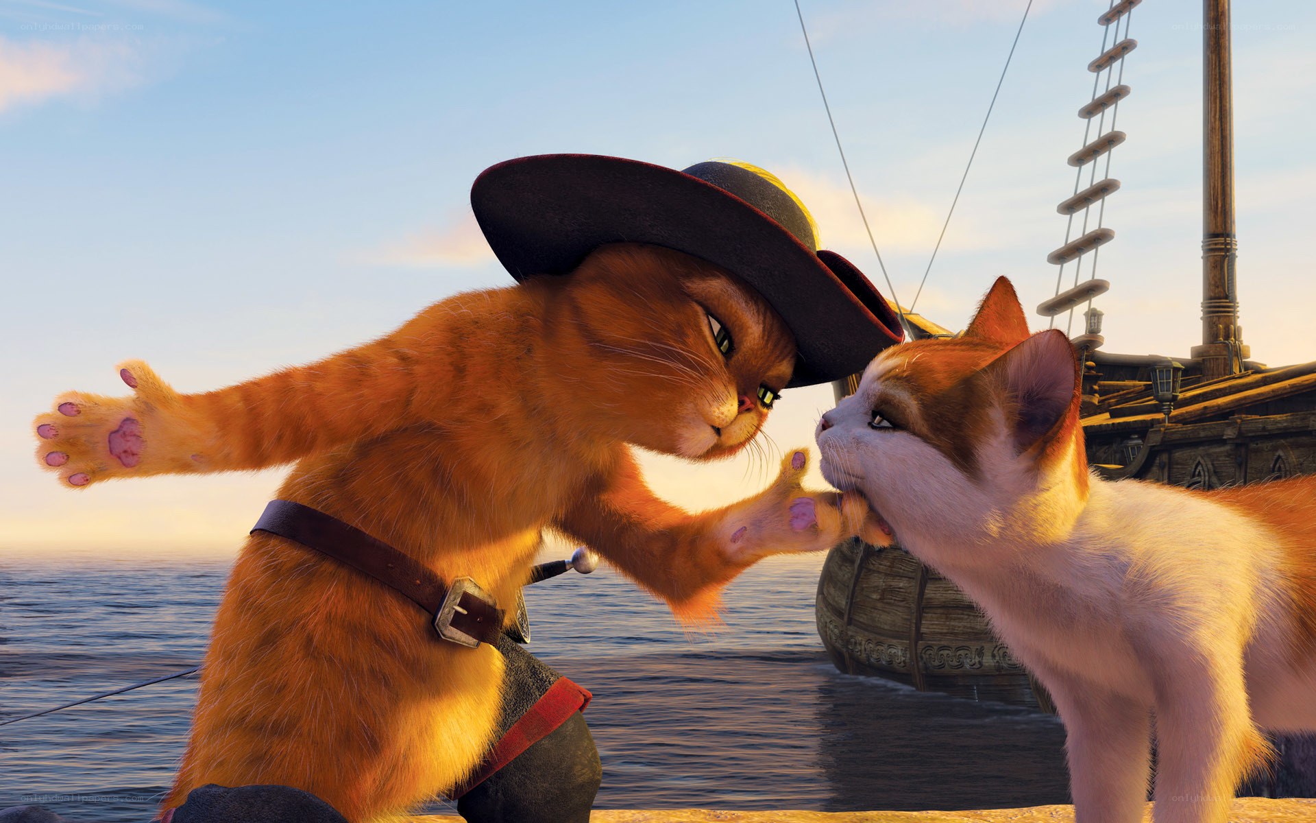 Puss in Boots confronts a cat