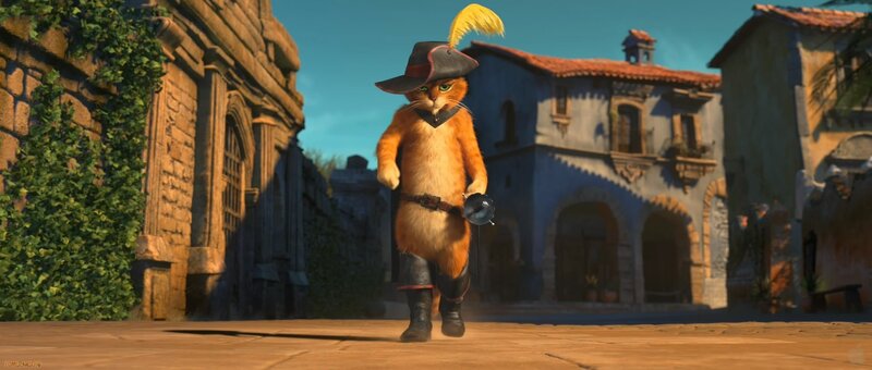 Puss in Boots walking through town