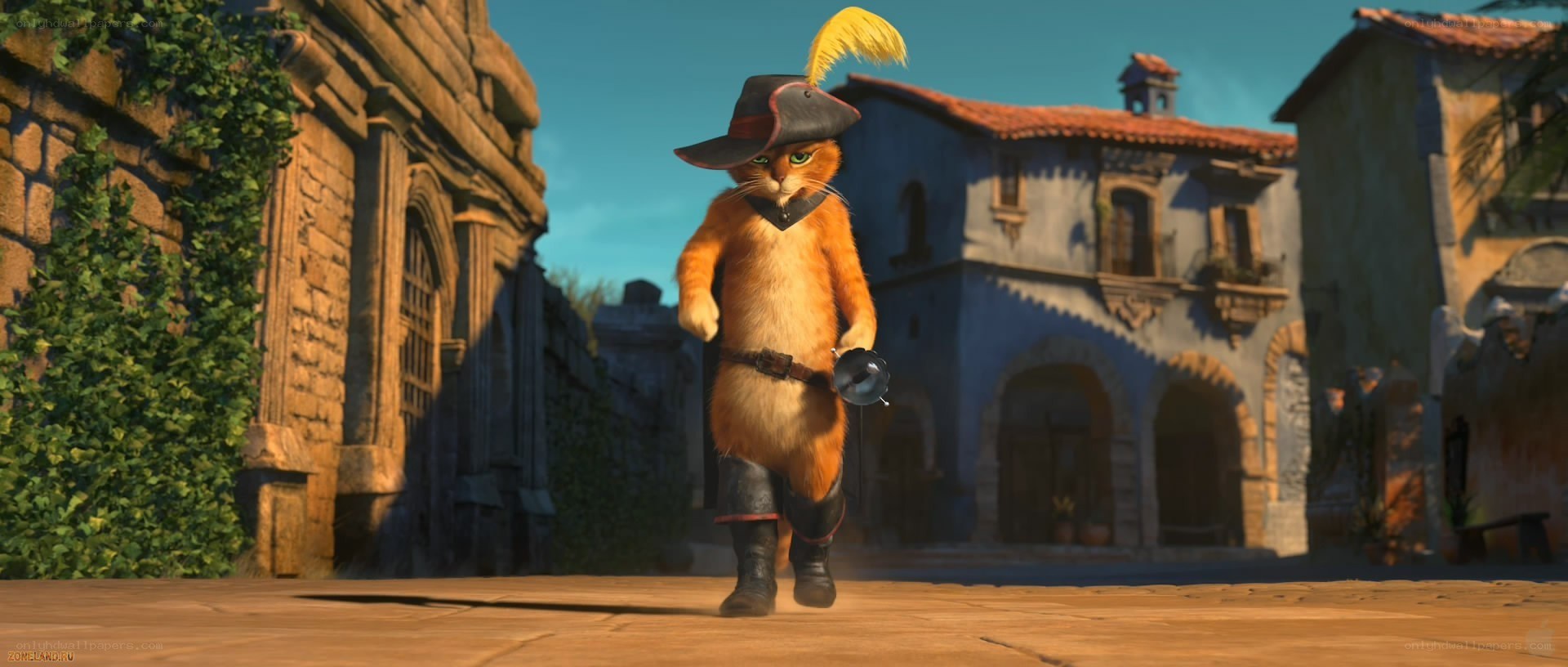 Puss in Boots walking through town