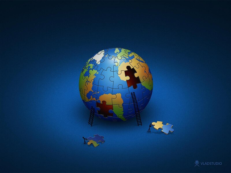 Puzzle Globe with Workers — Blue, Dramatic