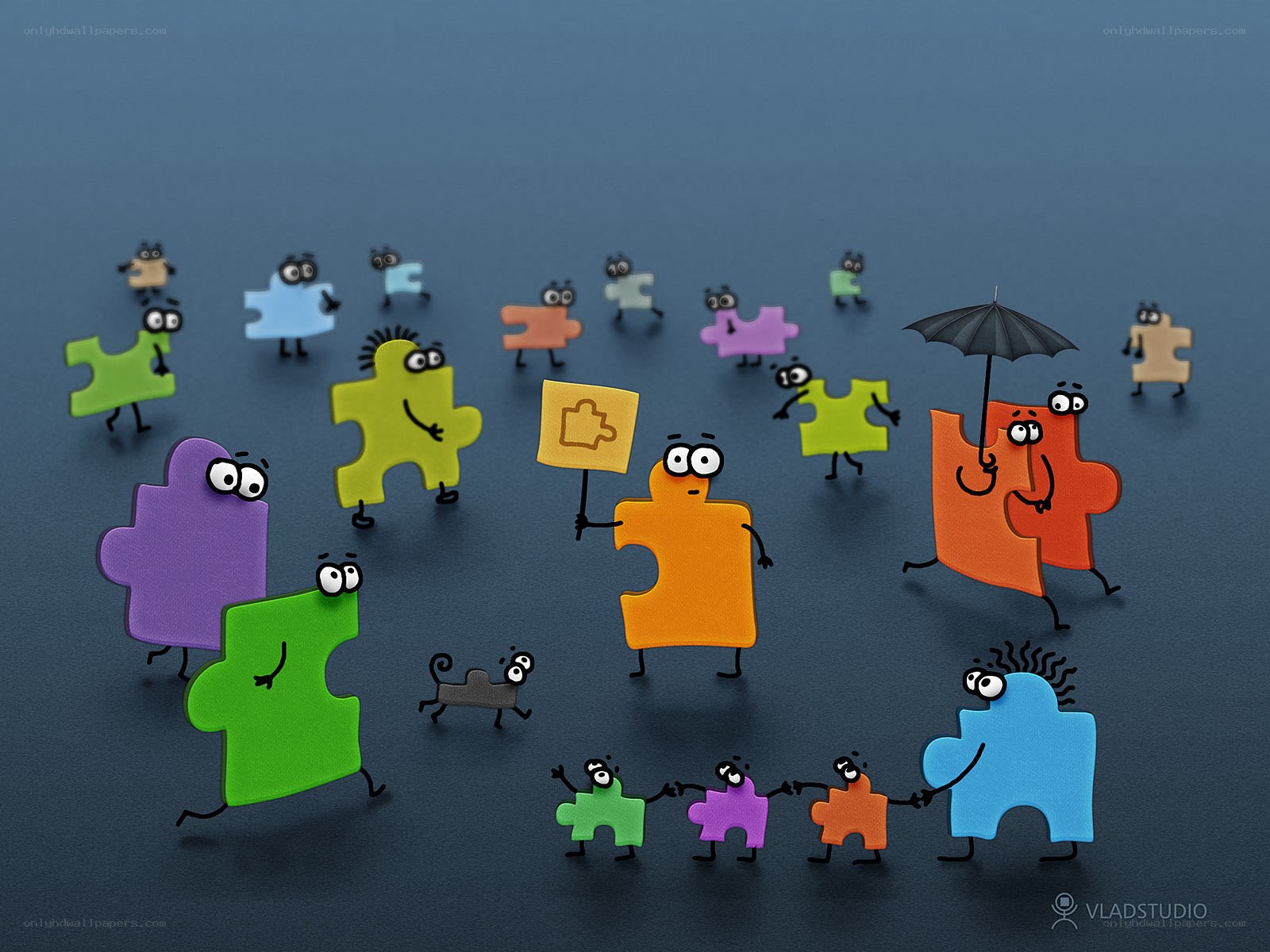 Puzzle piece characters in a crowd