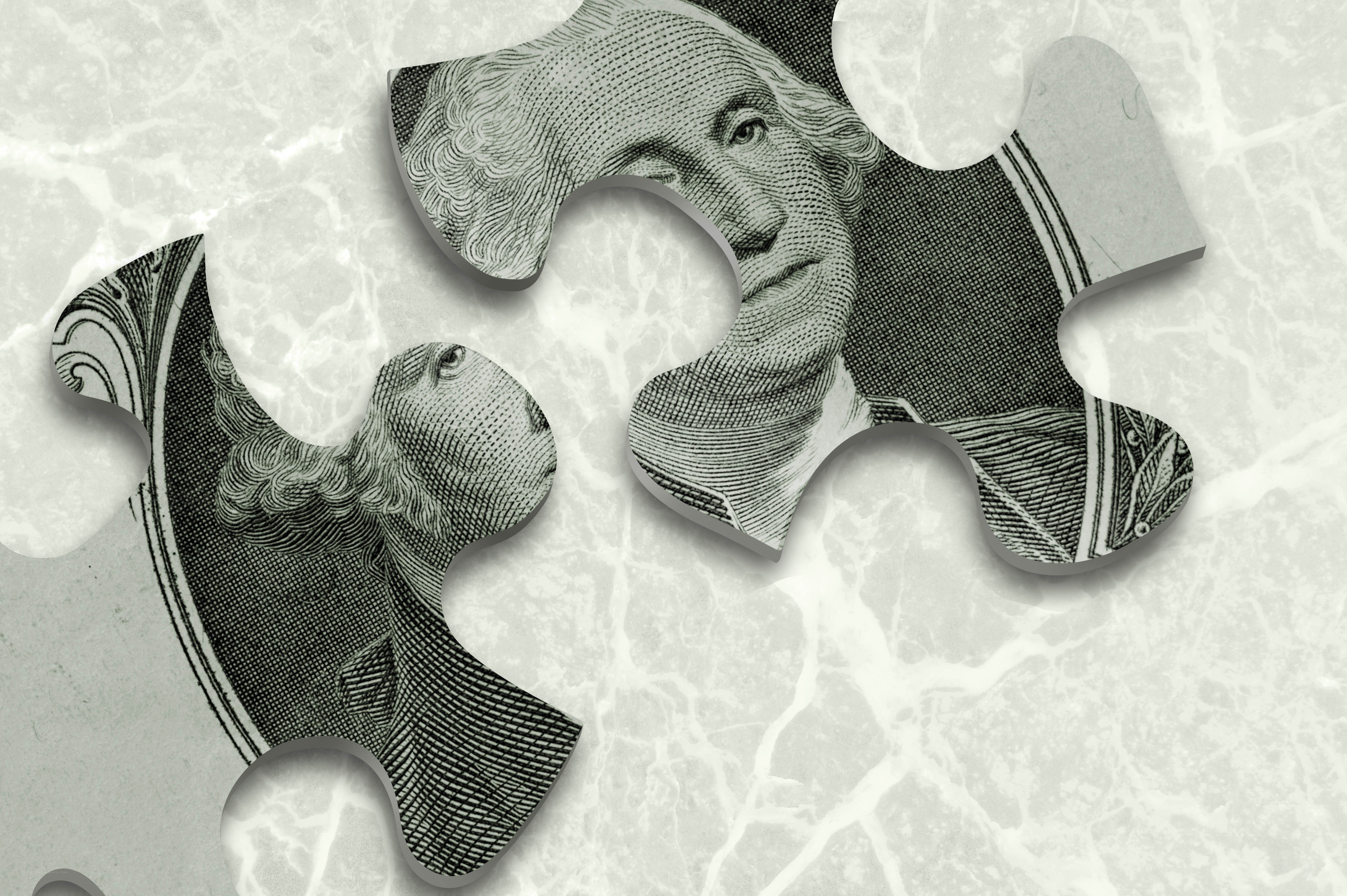 Puzzle pieces with dollar bill